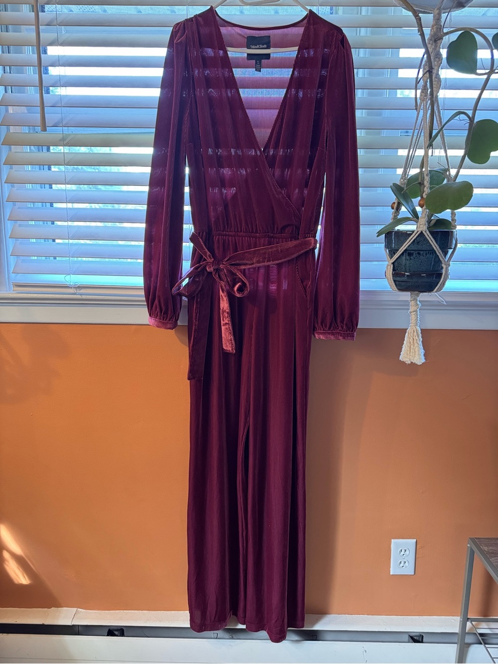 ModCloth Burgundy Velvet Wrap Long-Sleeve Jumpsuit